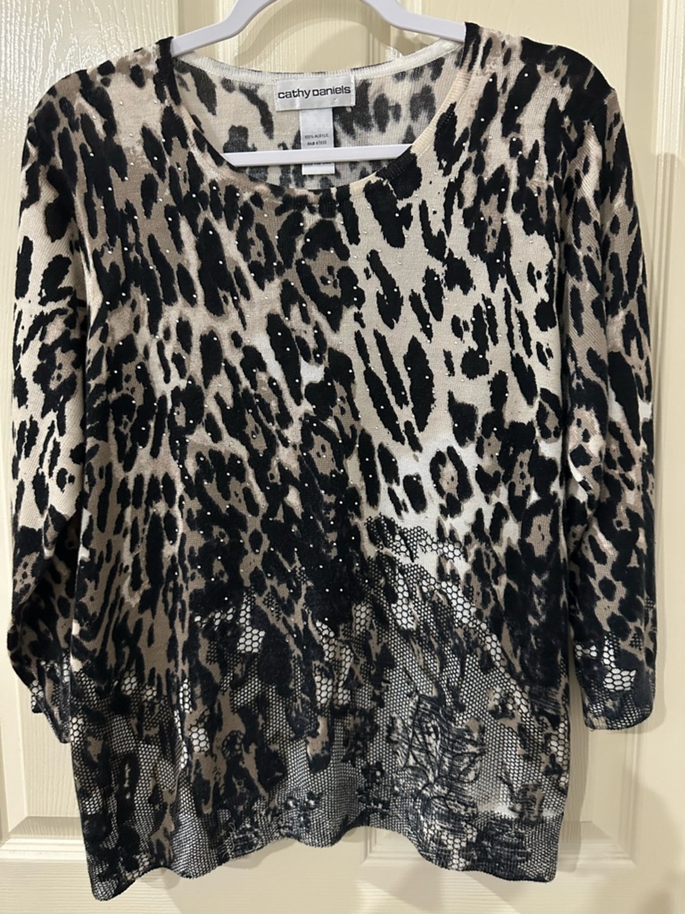 Cathy Daniels Black and Cream Leopard Sequin Top 3/4 length sleeve, XL